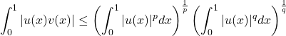 \[\int_{0}^{1}\vert u(x)v(x) \vert\leq \left(\int_{0}^{1}\vert u(x)\vert^p dx \right)^{\frac{1}{p}}\left(\int_{0}^{1}\vert u(x)\vert^q dx \right)^{\frac{1}{q}}\]